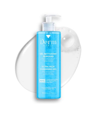 iDerm Paris Ultra-Rich Repairing Superfat Cleansing Gel - Hyaluronic Acid Provitamin B5 Aloe Vera - Normal to Dry Skin - 200 ml
