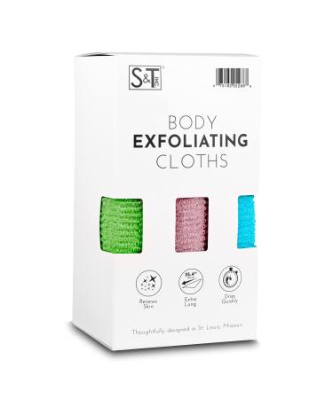 S&T INC. Body Exfoliating Cloths, 11.8 Inch x 35.4 Inch, Assorted, 3 Pack
