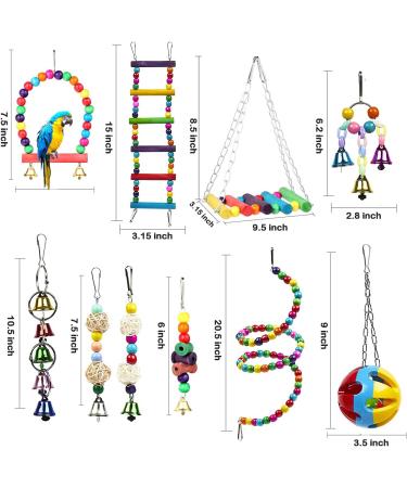 10-Piece Colorful Bird Toy Set for Parrots - Swings Chops Hanging Bells for Budgies Finch and Cockatiels - Buy Online on GoSupps.com