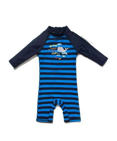 BONVERANO Baby Boy One Piece Long-Sleeved Clothing UV Protection 50+ Swimsuit with One Zip Blue-ash Fish 9 Months