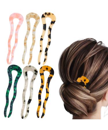 6 PACK 4.7inch U Shaped Acetate Hair Pins French Hair Forks Large Wavy French Hair Pins Tortoise Shell 2 Prong U-shape Hairpins Hair Accessories for Women Girls