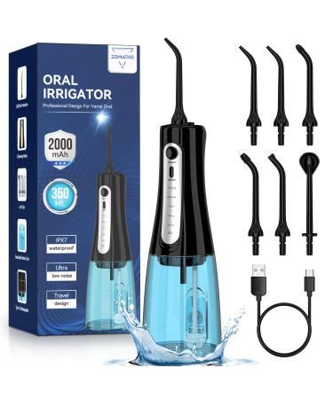 350ML Cordless Water Flosser Water Dental Flosser Picks for Teeth Cleaning and Flossing with 6 Jet Tips & 5 Pressure Modes 2000 mAh Rechargeable Powerful Oral Irrigator for Home Travel Use (Black)