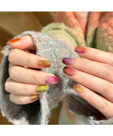 24Pcs Cat Eye Press On Nails | Short Cute Glue-On Acrylics | Full Cover Glossy Rainbow Fake Nails | Reusable Manicure Decor for Women & Girls - Buy Online on GoSupps.com