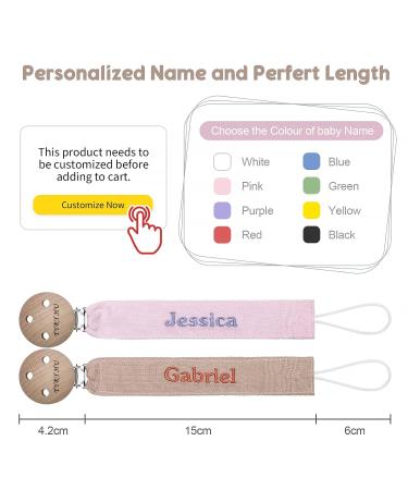 Personalized Tyry.hu Pacifier Chain for Boys & Girls - 2 Pack Pink & Khaki Cotton Clips with Wood Clip - Perfect Baby Gift - Buy Online on GoSupps.com