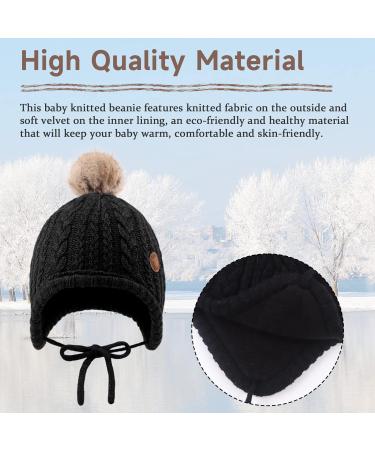 XIAOHAWANG Winter Baby Hat | Velvet Lined Toddler Beanie with Earflaps | Warm Infant Hat with Pompom for Girls | 0-6 Months | Black - Buy Online on GoSupps.com