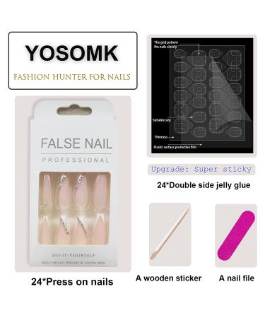 YOSOMK French Tip Press on Nails Long with Rhinestones - Pink & White Coffin Artificial Nails for Women - Buy Online on GoSupps.com
