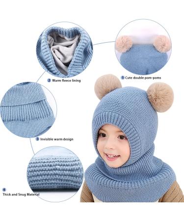 Kids Winter Warm Knitted Hood Hat with Double Pom Pom Design - Blue | Fleece Lined Earflap Beanie Cap for Toddlers Boys Girls 1-3 Years - Buy Online on GoSupps.com