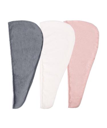 Brentfords Hair Towel Wrap Set of 3 Microfibre Hair Towel Wet Long Thick Curly Hair Towel Head Towel Wraps for Women Super Quick Highly Absorbent Turban Towel Multi Blush Grey White