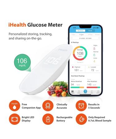 iHealth Gluco+ Wireless Smart Blood Glucose Monitor Kit | Portable Diabetes Testing with App 100 Strips & Lancets | Home Use BG5S100 - Buy Online on GoSupps.com