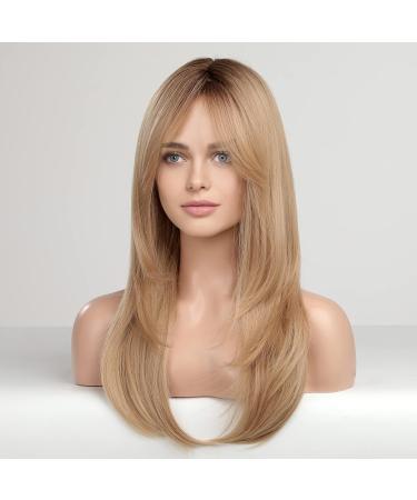 HAIRCUBE Long Blonde Layered Synthetic Wig for Women - 23 Golden Ash Blonde with Brown Roots - Buy Online on GoSupps.com