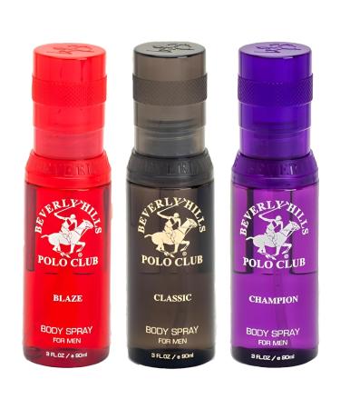 Beverly Hills Polo Club Men's Body Spray Collection Gift Set Featuring Luxury Designer Cologne Scents for Long Lasting Freshness BHPC 3 oz 3 Count (Gold)