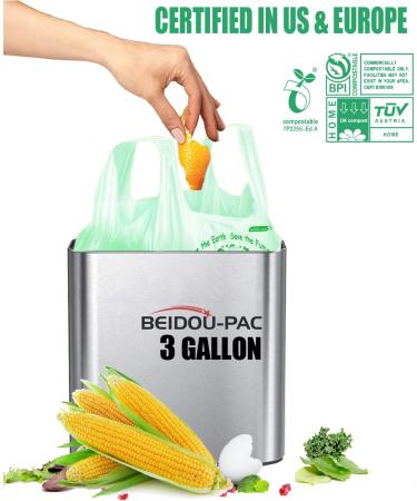 BEIDOU-PAC 3 Gallon Compostable Trash Bags - 100 Count | Biodegradable Kitchen Garbage Bags with Handle | ASTM D6400 & US BPI Certified | Food Scrap Waste Bags - Buy Online on GoSupps.com