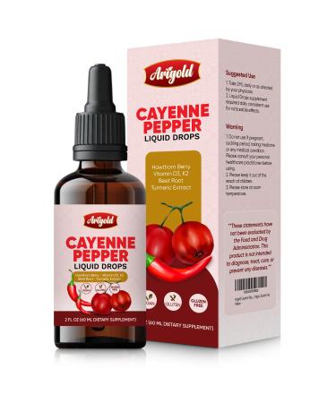 Arigold Cayenne Pepper Drops Circulation & Energy Support Liquid Supplement with Hawthorn Berry Beet Root Turmeric Vitamins D3 + K2 Ceylon Cinnamon Berberine & Ginseng Vegan Non-GMO 2 fl oz Cayenne Pepper 2 fl oz