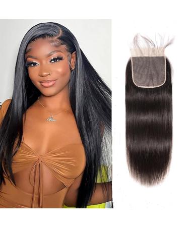 Lace Closure Human Hair 16 Inch Free Part Hd Transparent Lace Closure Straight 100% Unprocessed Brazilian Human Virgin Hair Swiss Lace Closure 130% Density Natural Black Color