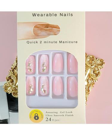 Pink Gradient Rhinestone Press on Nails - 24 Pcs Medium Coffin Shape | Glitter Powder & Rhinestone Designs | False Nails for Women and Girls - Buy Online on GoSupps.com