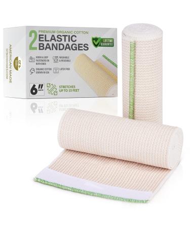 Premium Elastic Bandage Wrap (6" Wide, 2 Pack) - Made of USA Grown Organic Cotton - Hook & Loop Fasteners at Both Ends - GT Latex Free Hypoallergenic Compression Roll for Sprains & Injuries 6" Wide 2 Pack