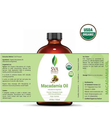 SVA Organics Macadamia Carrier Oil - 100% Pure Organic Certified - 118ml with Dropper - Cold Pressed for Soft Skin, Strong Hair - Therapeutic Grade Aromatherapy & Massage - Buy Online on GoSupps.com