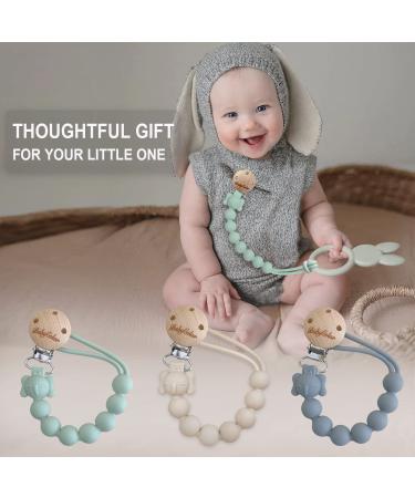 Sage Green & Slate Blue Silicone Pacifier Clip Holder 2 Pack - Baby Soother Binky Teething Ring - Wooden Design - Flexible & Durable - Buy Online on GoSupps.com