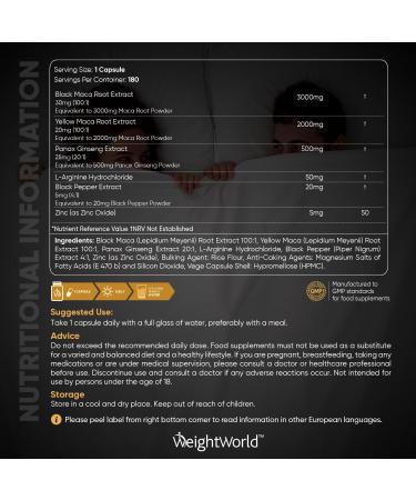 Black Maca Root Capsules 5550mg - High Strength 180 Vegan Capsules with L-Arginine, Panax Ginseng, Zinc - Boost Testosterone & Metabolism - 6 Months Supply - Buy Online on GoSupps.com