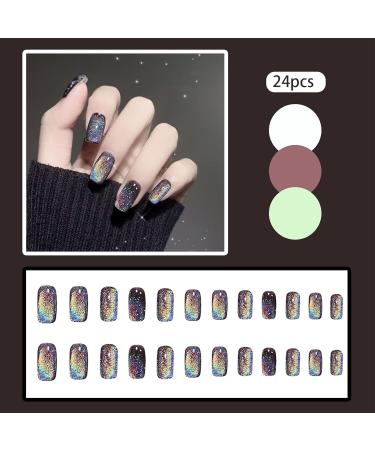 Black Glossy Glitter Press-On Nails - Short Cat Eye Colorful Acrylic Stick-On Nails for Women 24pcs - Buy Online on GoSupps.com