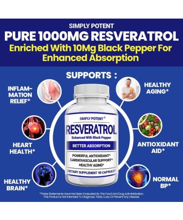 Resveratrol 1000mg Supplement Trans Resveratrol 500mg Resveratrol Enhanced with Black Pepper for Max Absorption Powerful Antioxidant & Anti-Aging Pills for Heart Immune & Skin Health 90 Capsules - Buy Online on GoSupps.com