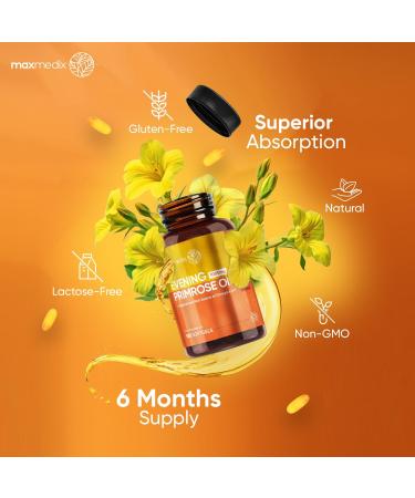 Evening Primrose Oil 1000mg Softgels | 6 Months Supply | Cold-Pressed | Omega 6 & 9 Fatty Acids | Supports Healthy Cholesterol Levels | 180 Count - Buy Online on GoSupps.com