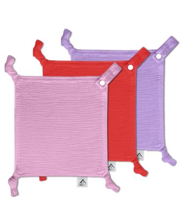 Baby Luxe 5-in-1 Mini Muslin Square Bib Toy Holder Washcloth Comforter - With Clip Attachment For Baby Bag Pacifiers Teething Toys and More (Set of 3: Medium Pink Red Purple Cloth) 23_23_cm Medium Pink Red Purple
