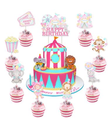 Circus Birthday Party Decorations Girl - Happy Birthday Cake Topper & Circus Animal Cupcake Toppers Pink Pastel Carnival Circus Party Decorations for 1st 2nd 3rd 4th 5th Birthday 25pcs