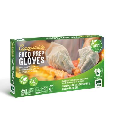 UNNI 100% Compostable Food Prep Gloves, Restaurant-Quality, Food Handling, Powder-Free, US BPI & Europe OK Compost Certified Medium (Pack of 100)