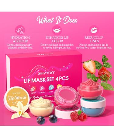 4 Pack Lip Mask Set Hydrating Lip Mask Overnight - Berry Grape Mint Vanilla Flavors Lip Sleeping Mask Nourish Lip Balm with Vitamin C & Shea Butter | Dry Lips Care Gift - Buy Online on GoSupps.com