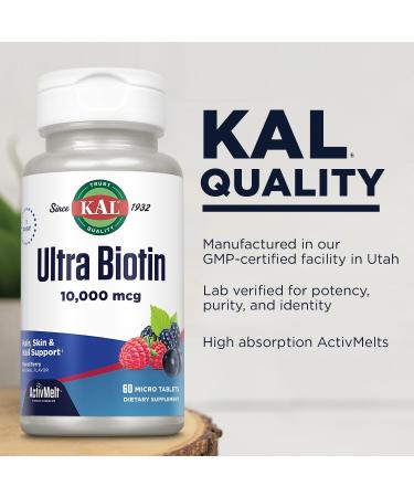 KAL Ultra Biotin 10000mcg ActivMelt Hair Growth Supplement High Potency Vitamin B7 for Healthy Hair Skin Nails and Energy Support Vegetarian Natural Mixed Berry Flavor 60 Serv 60 Micro Tablets 60 Count (Pack of 1) - Buy Online on GoSupps.com