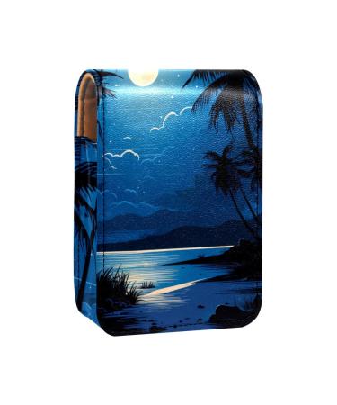 Lipstick Case Leather Lip Gloss Lipstick Organizer with Mirror Mini Lipstick Holder Bag Tropical Beach at Night Pattern R302f4fexi