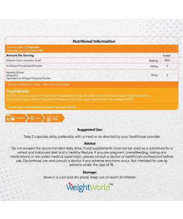 Liposomal Vitamin C Capsules 1000mg - High Strength Ascorbic Acid with Rosehip Extract - 180 Vegan Capsules - Antioxidant Supplement - Non-GMO - Buy Online on GoSupps.com