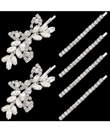 6 Pieces Rhinestone Bridal Hair Clips Leaf Wedding Hair Pins Crystal Bobby Pins Silver Hairpin Jewelry Barrette for Brides Bridesmaids Flower Girls