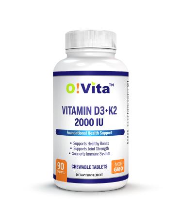 O!VITA Vitamin D3 + K2 2000IU Chewable for Joint and Bone Health Support 90 Vegan chewable Tablets up to 3-Month Supply
