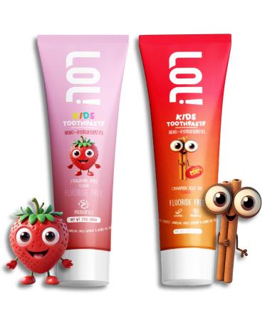LOL Kids Toothpaste | Fluoride Free 2-Flavors Pack | Nano Hydroxyapatite Toothpaste Probiotics Vitamins A C E | Safe if Swallowed No SLS | 1 Strawberry 1 Cinnamon