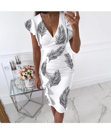 Briskorry V-Neck Floral Summer Dresses for Women - Elegant Bustier Party Dress with Ruffled Hems & Moored Sleeves | Plus Size Vintage Style XXL White - Buy Online on GoSupps.com