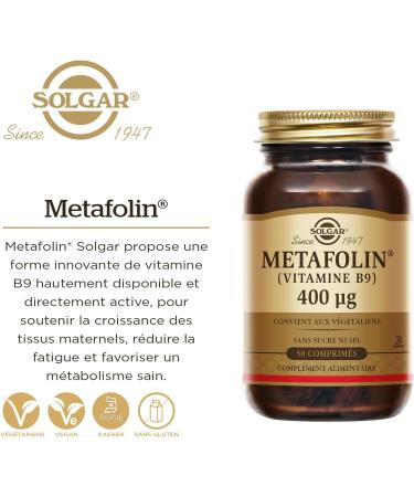 Solgar Metafolin - Vitamin B9-400 g - Maternity - Essential Vitamin Pregnancy - Growth of Maternal Tissue - Highly Available - Food Supplement - Bottle of 50 Tablets - Buy Online on GoSupps.com