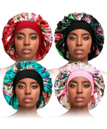 4 Pcs Silky Sleep Bonnet Large Hair Bonnets for Women Hair Care Satin Sleeping Cap Night Cap for Curly Hair L Multicolor