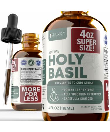 Rejuvica Health Active Holy Basil 4oz XL Super Size - Advanced Stress Support Supplement Drops - Holy Basil Leaves Liquid Extract - Vegan Sugar Free Non GMO Tincture 4 Fl Oz (Pack of 1)