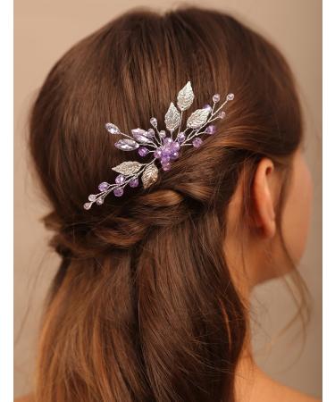 BERYUAN Women Girls Wedding Leaf Crystal Rhinestone Hair Comb Purple Rhinestone Beads Headband Women Girls Wedding Headpiece Silver Bridal Headband for Wedding Women and Girls (purple) - Buy Online on GoSupps.com