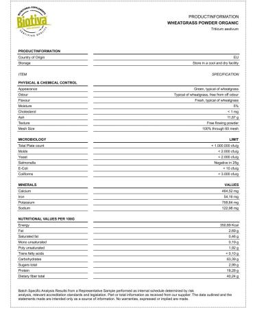 Biotiva Organic Wheatgrass Powder 200g - Pure No Additives - Grown & Bottled in Germany - International Shipping Available - Buy Online on GoSupps.com