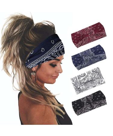 Yean Boho Wide Headbands Black Stretch Hair Bands Elastic Turbans Stylish Head Wraps for Women and Girls (Pack of 4) (Boho) - Buy Online on GoSupps.com