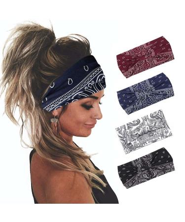 Yean Boho Wide Headbands Black Stretch Hair Bands Elastic Turbans Stylish Head Wraps for Women and Girls (Pack of 4) (Boho)