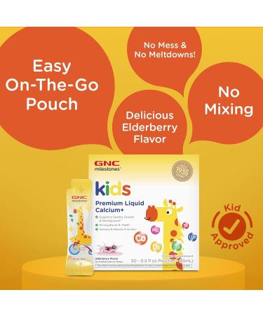 GNC Milestones Kids Premium Liquid Calcium+ Supplement Supports Healthy Growth & Development Strong Bones & Teeth for Kids 3 & Above Elderberry Flavor 30 Count - Buy Online on GoSupps.com