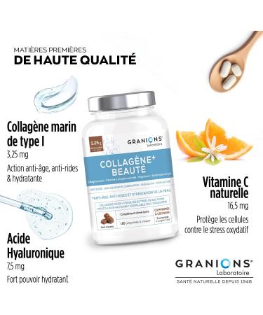 Marine Collagen + Beauty Granions Collagen and Hyaluronic Acid + Vitamin C + Acerola - Marine Collagen Food Supplement - Collagen Peptides - Chocolate Flavor - 120 Chewable Tablets - Buy Online on GoSupps.com