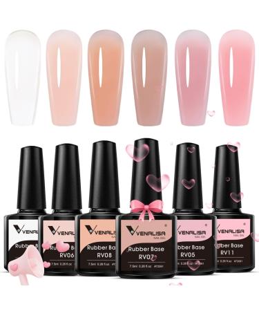 VENALISA 3 in 1 Rubber Base Gel For Nails 6 Colors Jelly Gel Nail Polish Set Nude Pink Neutral Transparent Milky White Sheer Pink Gel Polish Strengthener Kit