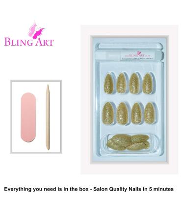 Shop Bling Art Gold Gel False Nails - Stiletto Almond 24 Long Artificial Nails with Glue for Perfect Manicure - Buy Online on GoSupps.com