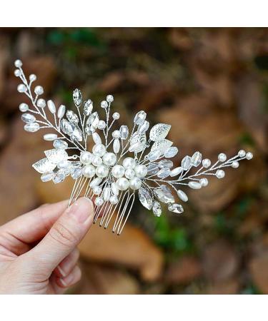 Yean Bride Leaf Bridal Hair Comb Pearl Wedding Hair Piece Rhinestone Hair Accessories for Women and Girls (Silver)