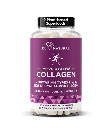 Move & Glow Collagen Pills for Women & Men Vegetarian Multi-Collagen (Type I-V-X) with 9 Plant-based Superfoods for Skin Health & Joint Support Biotin, Vitamin C, Vitamin E, 60 Vegetarian Capsules